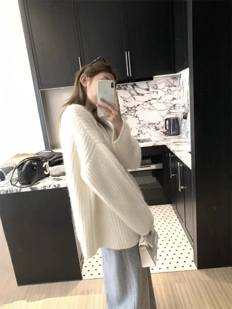 Damen Oversize Flauschpullover im Mohair‑Look mit strukturierter Rippenoptik Drune