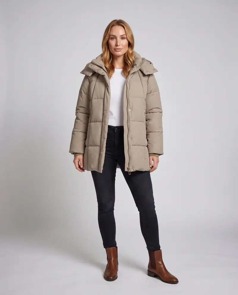 Damen oversize gesteppter Mantel mit verlängertem quadratischem Steppdesign, Kapuze, Reißverschlusstaschen und verstellbarem Kordelzugsaum