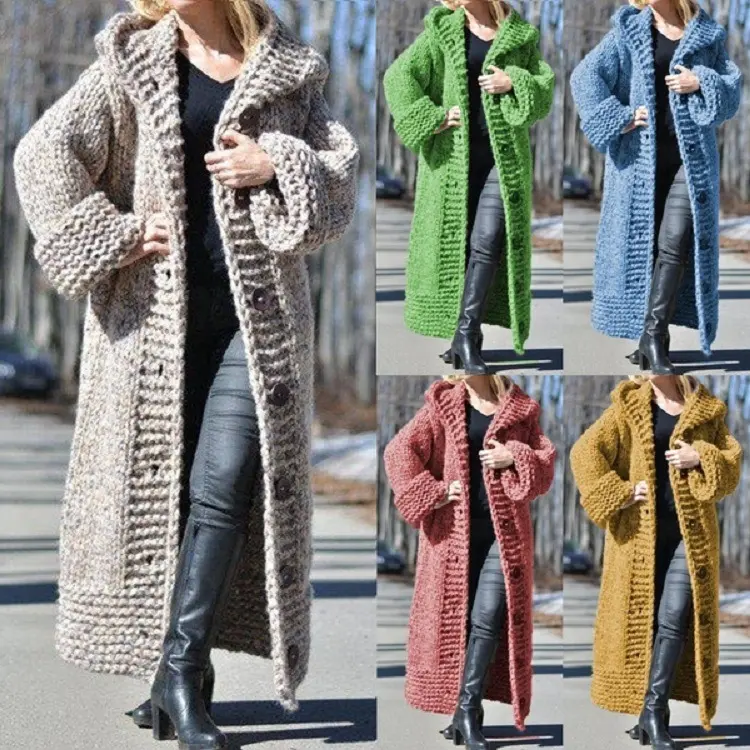 Damen Oversize Grobstrick Maximantel mit Kapuze und Knopfleiste Drune