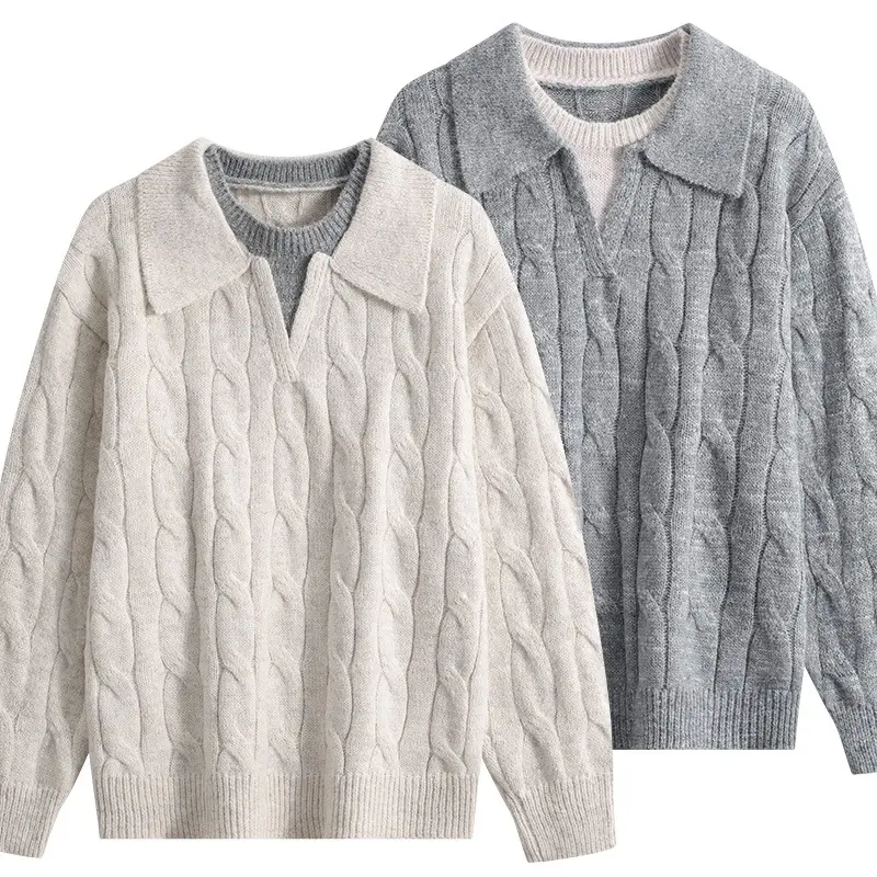 Damen Oversize Grobstrick-Pullover mit Polokragen und Zopfmuster Drune