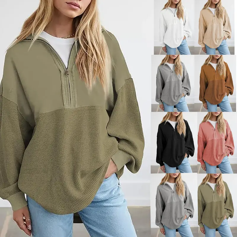 Damen Oversize-Halbzip-Pullover mit Waffelstrick-Einsätzen Drune