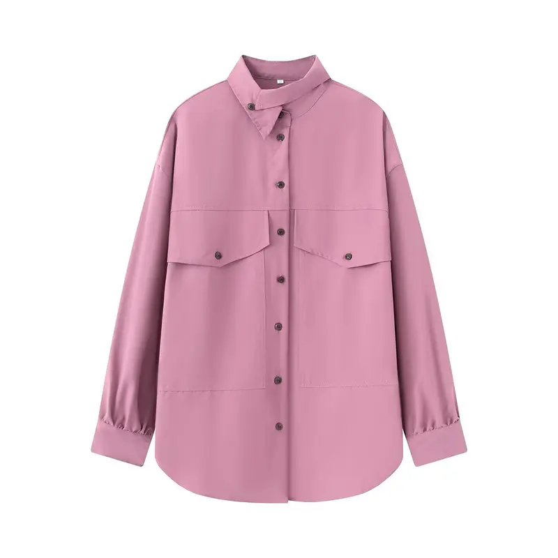 Damen Oversize-Hemdbluse-Jacke mit Pattentaschen und Stehkragen Drune
