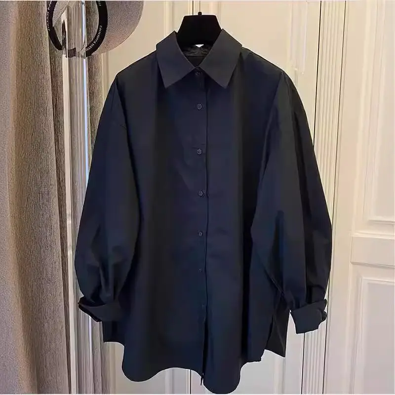 Damen Oversize-Hemdbluse mit Ballonärmeln und klassischem Kragen Drune