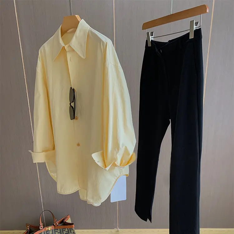 Damen Oversize-Hemdbluse mit extra großem Kragen und abgerundetem Saum Drune
