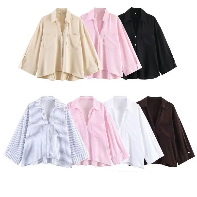Damen Oversize-Hemdbluse mit großen Brusttaschen, überschnittener Schulter und High‑Low‑Saum Drune