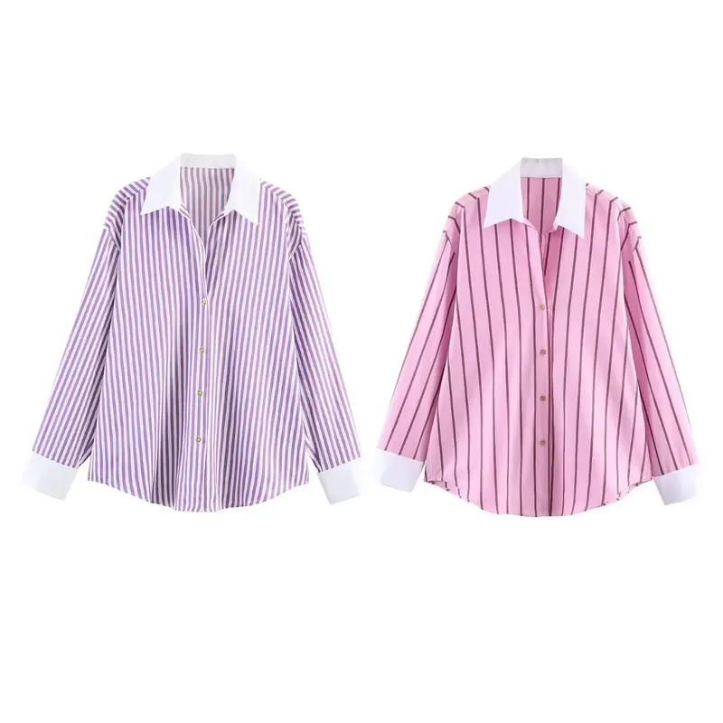 Damen Oversize-Hemdbluse mit Kontrastkragen, Manschetten und vertikalem Streifenmuster Drune