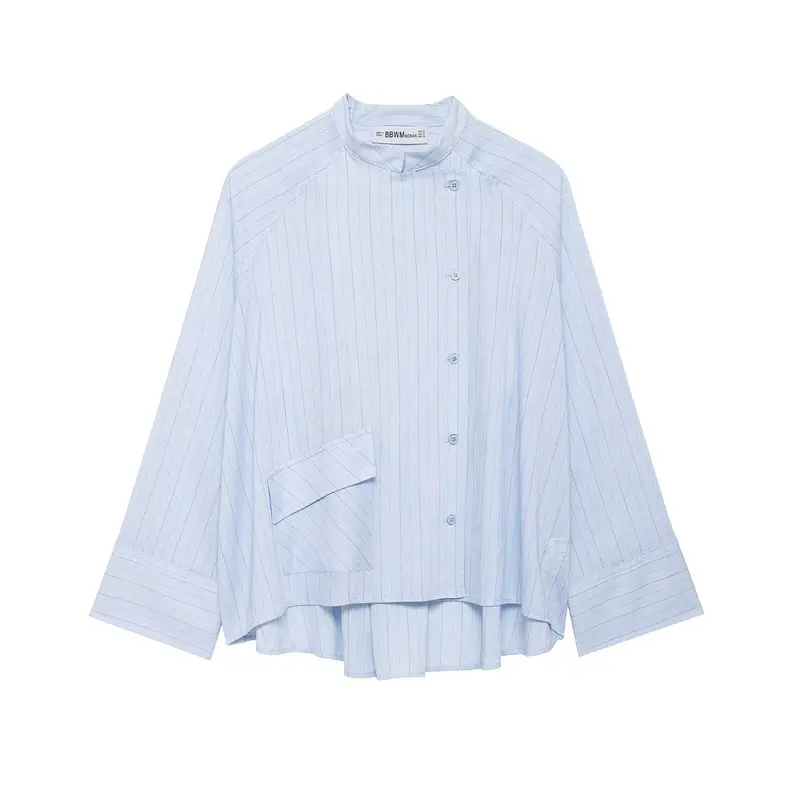 Damen Oversize-Hemdbluse mit Stehkragen, asymmetrischer Knopfleiste und hohem Saum Drune