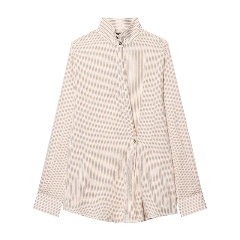 Damen Oversize-Hemdbluse mit Stehkragen, verdeckter Knopfleiste und feinem Streifenmuster Drune