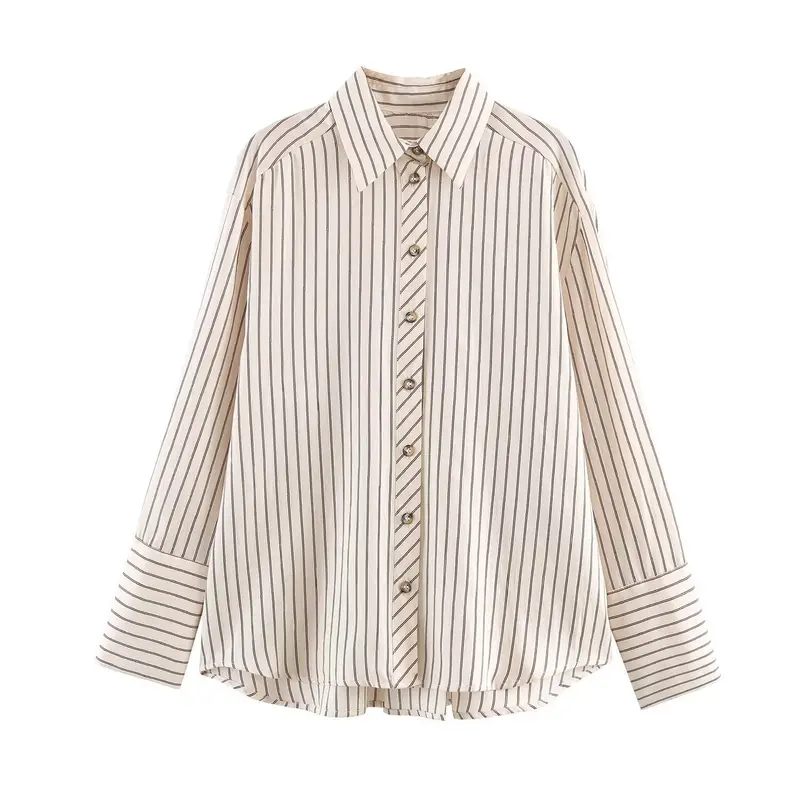 Damen Oversize-Hemdbluse mit Streifenmuster, verlängerten Manschetten und verdeckter Knopfleiste Drune