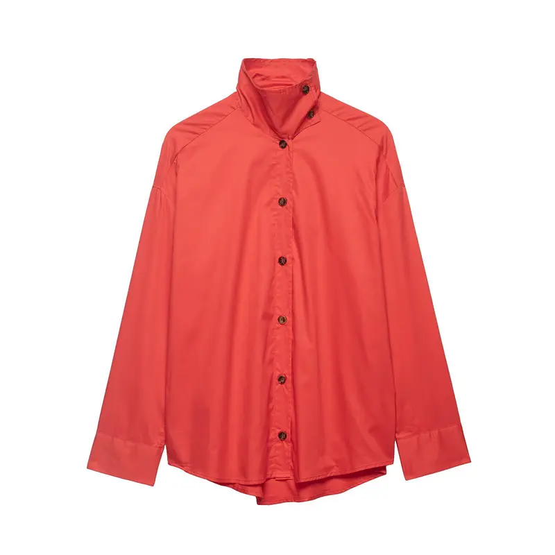 Damen Oversize Hemdjacke mit Stehkragen und durchgehender Knopfleiste Drune