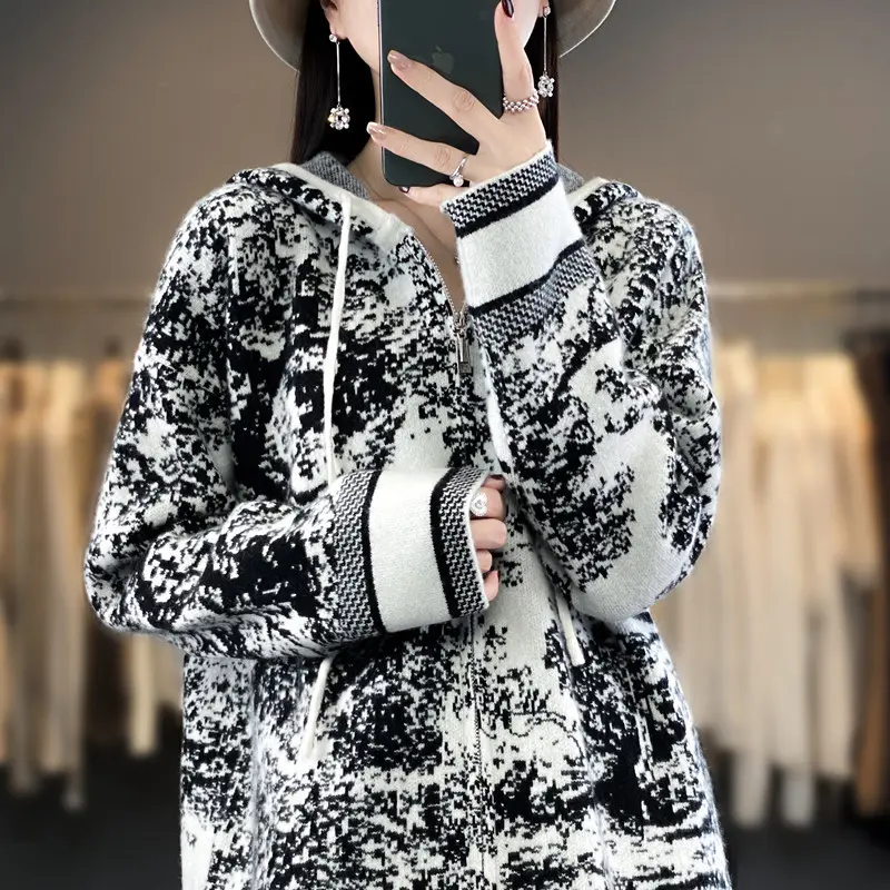 Damen Oversize Jacquard-Strickjacke mit Kapuze und Reißverschluss Drune