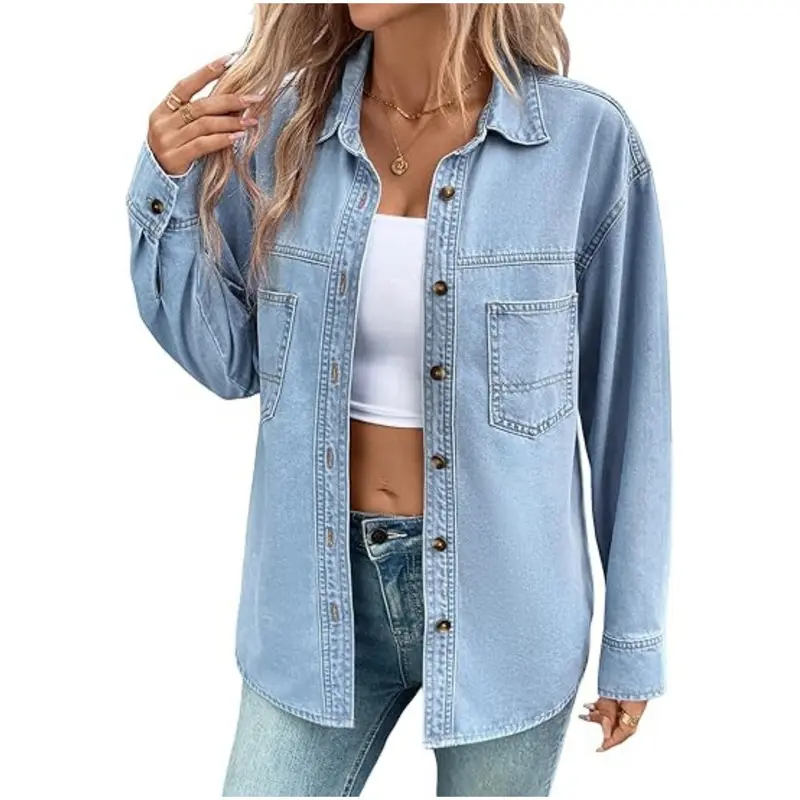 Damen Oversize Jeanshemdjacke im Washed-Look mit Brusttaschen und durchgehender Knopfleiste Drune