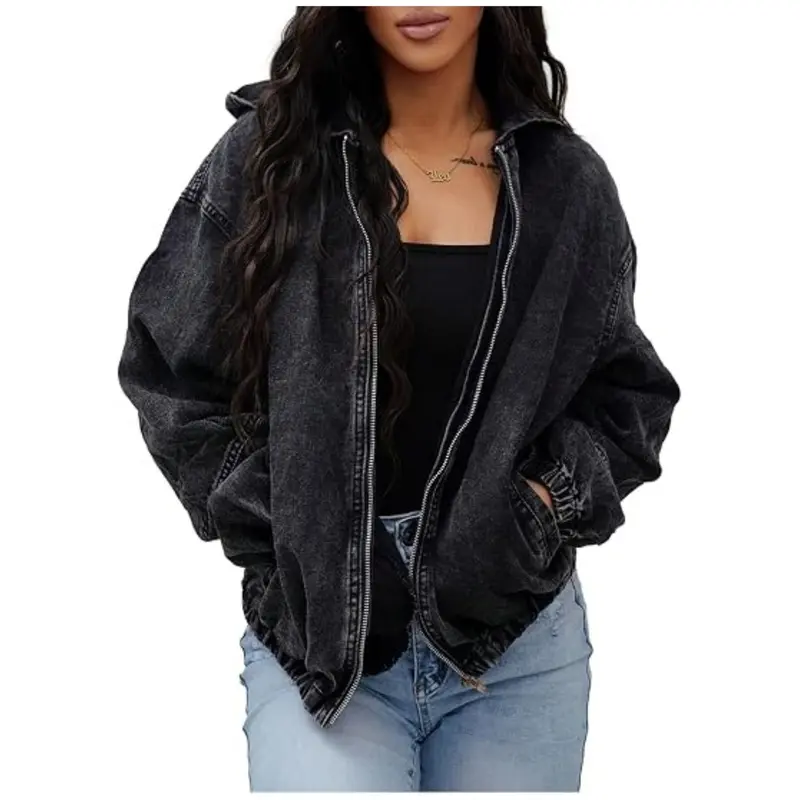 Damen Oversize-Jeansjacke mit Kapuze, Reißverschluss und Vintage-Waschung Drune