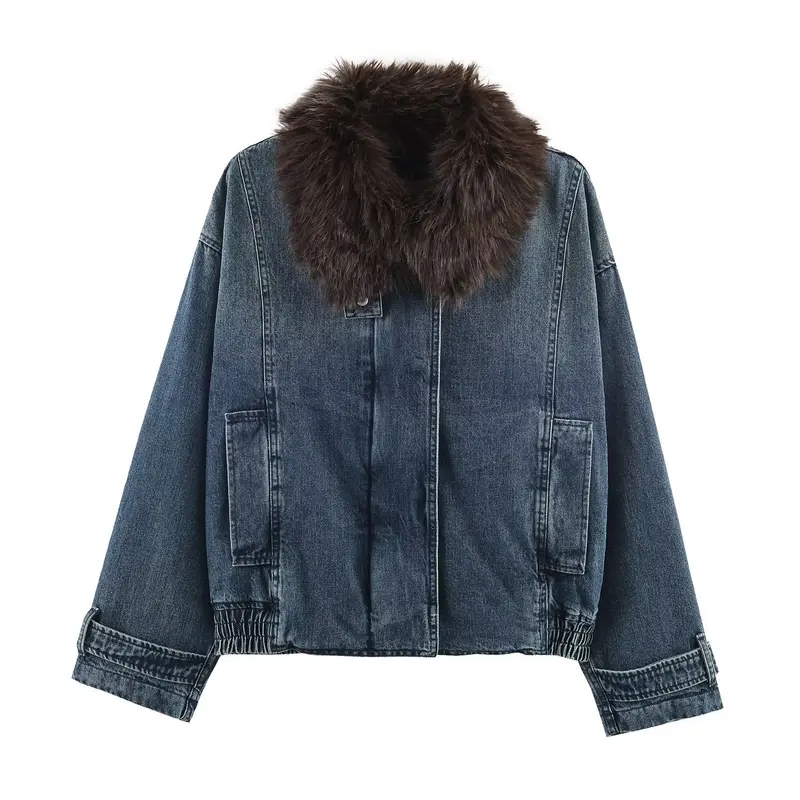 Damen Oversize-Jeansjacke mit voluminösem Kunstpelzkragen und elastischem Saum Drune
