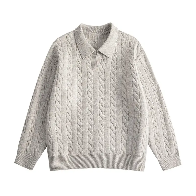 Damen Oversize Kabelstrick-Polo-Pullover mit V‑Ausschnitt und geripptem Saum Drune