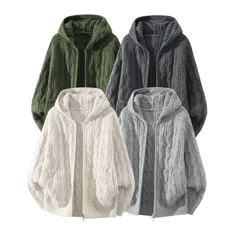 Damen Oversize Kapuzen-Strickjacke mit Zopfmuster und teilbarem Reißverschluss Drune
