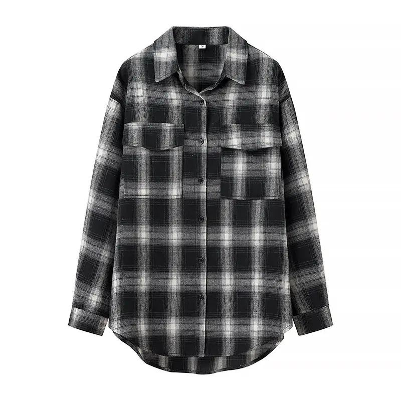 Damen Oversize‑Karo‑Hemdbluse mit aufgesetzten Brusttaschen und abgerundetem Saum Drune