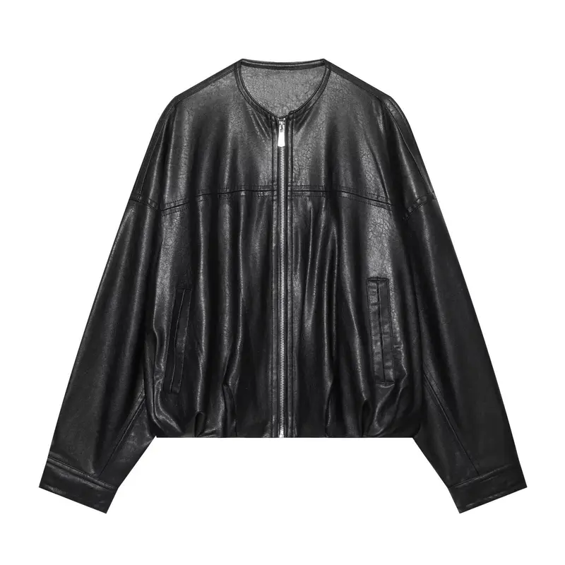 Damen Oversize Kunstleder-Blouson mit Rundhalsausschnitt, Reißverschluss und Eingrifftaschen Drune