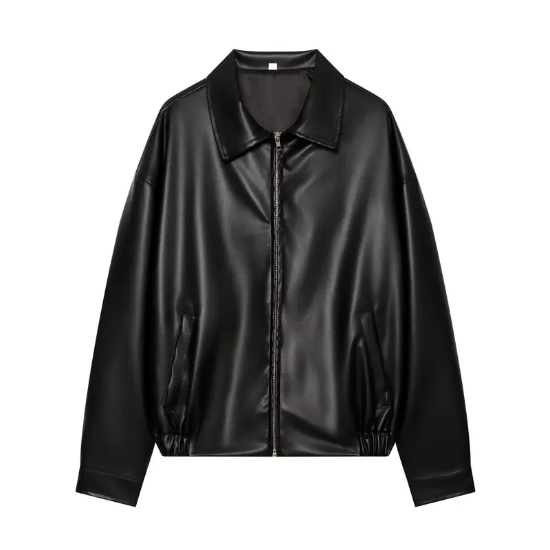 Damen Oversize Kunstleder-Bomberjacke mit Reißverschluss und elastischem Saum Drune