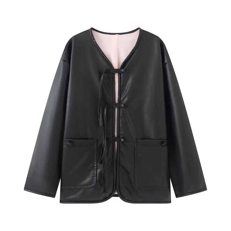 Damen Oversize Kunstlederjacke mit Bindebändern und aufgesetzten Taschen Drune