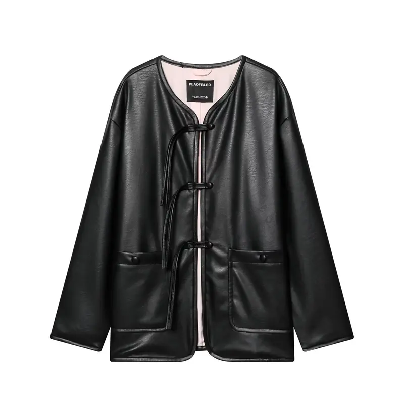 Damen Oversize Kunstlederjacke mit Kordel-Knotenverschluss und aufgesetzten Taschen Drune