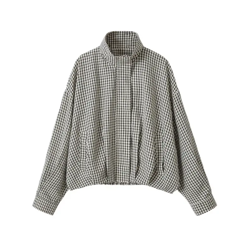 Damen Oversize Kurzblouson im Karo-Design mit hohem Stehkragen und Tunnelzugsaum Drune