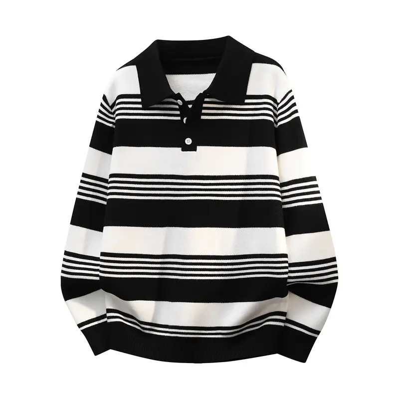 Damen Oversize Langarm-Polo-Strickpullover mit Retro-Streifen und Brustknopfleiste Drune