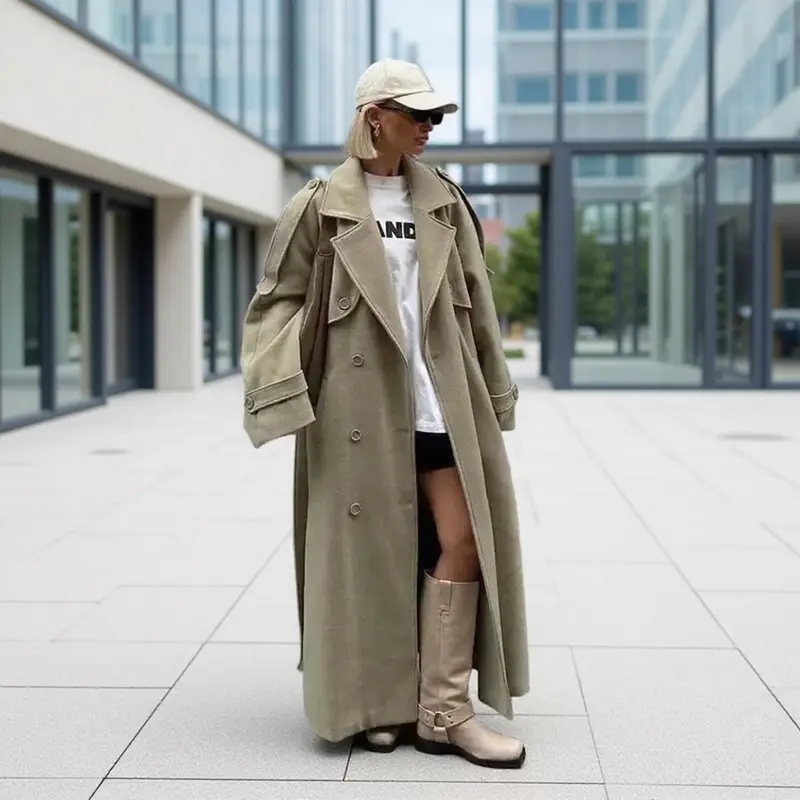Damen Oversize-Langmantel im Trenchcoat‑Stil mit doppelreihiger Knopfleiste und Schulterklappen Drune