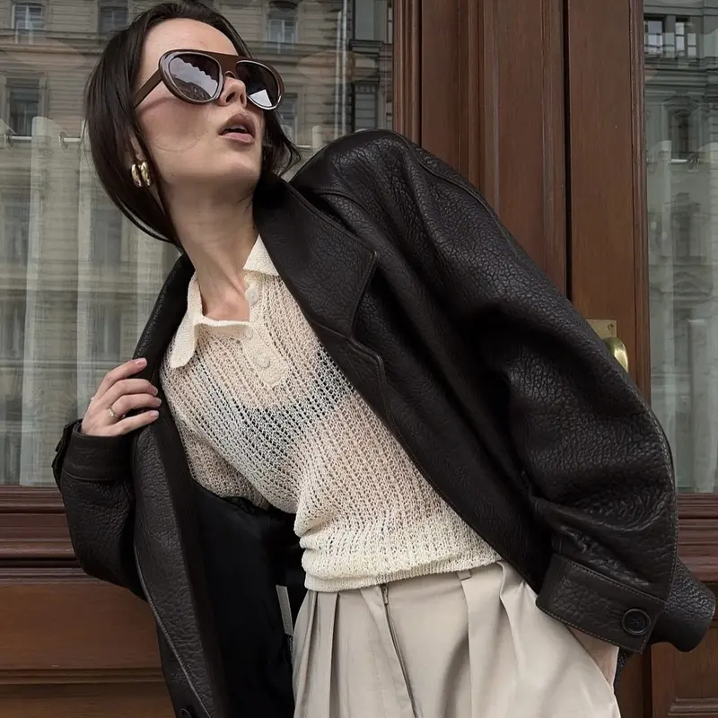 Damen Oversize Lederoptik-Mantel mit strukturierter Oberfläche und weitem Revers Drune