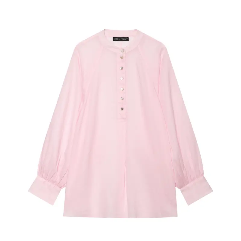 Damen Oversize Leinenbluse mit Stehkragen und Ballonärmeln Drune