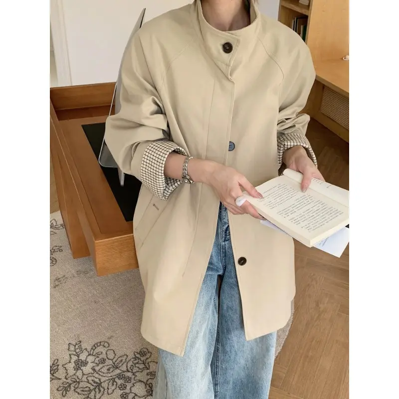 Damen Oversize-Mantel mit Stehkragen und kariertem Ärmelsaum Drune