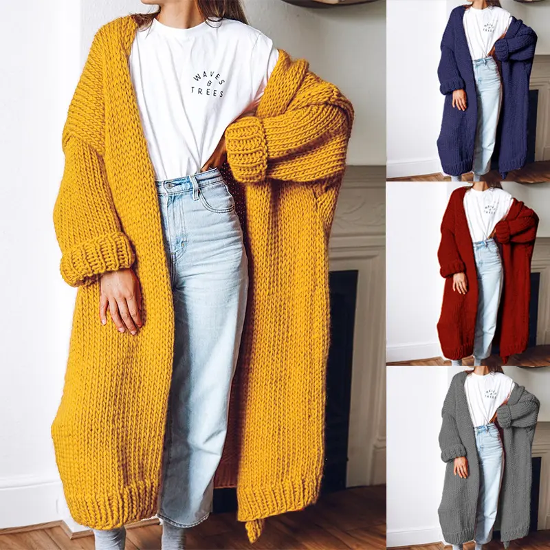 Damen Oversize Maxi Grobstrick-Cardigan mit offener Front und voluminösen Ärmeln Drune