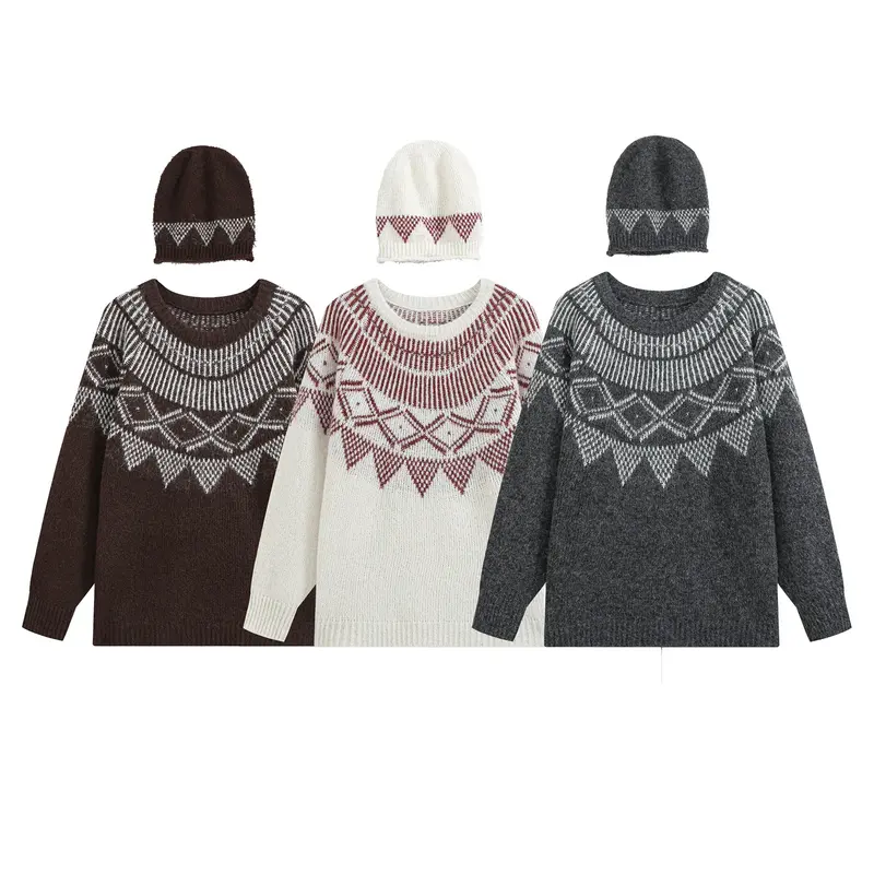 Damen Oversize Norweger‑Strickpullover mit Rundhalsausschnitt und passender Strickmütze Drune