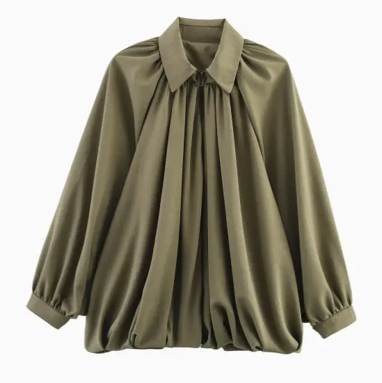 Damen Oversize Plissée-Hemdbluse mit Frontreißverschluss, Kellerfalten und Ballonärmeln Drune