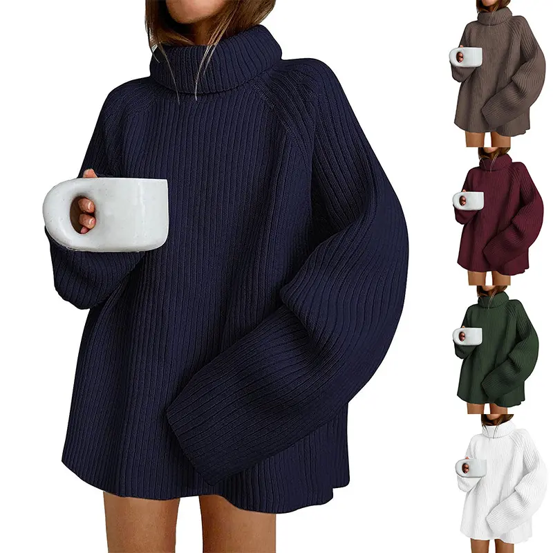 Damen Oversize Pulloverkleid aus Rippstrick mit hohem Rollkragen und voluminösen Ärmeln Drune