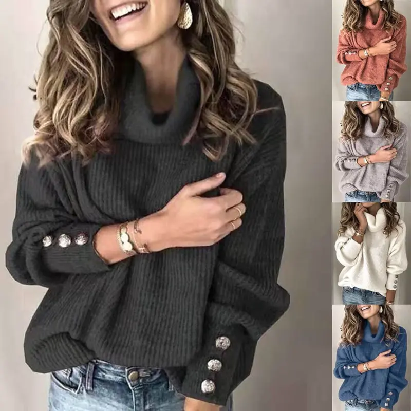 Damen Oversize-Rollkragenpullover mit Rippstruktur und Zierknopfleiste Drune