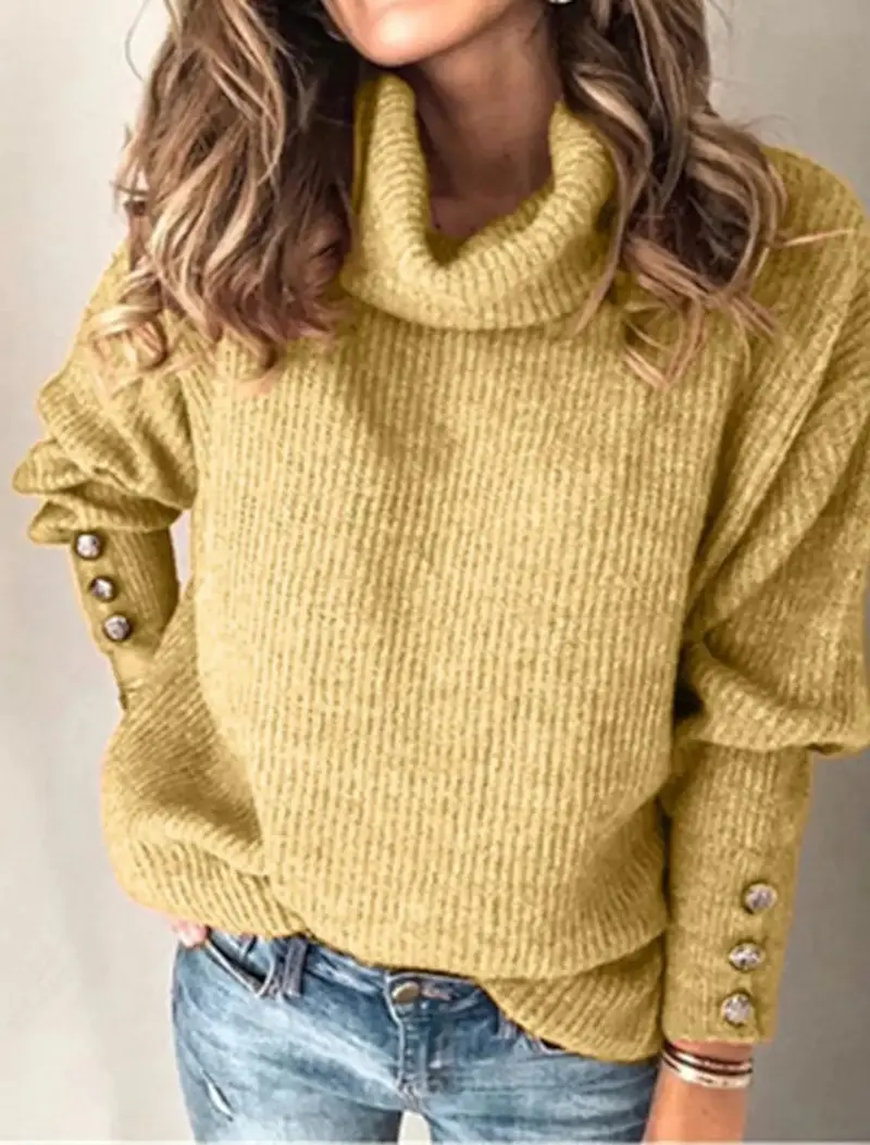 Damen Oversize-Rollkragenpullover mit Strukturstrick und Zierknöpfen Drune