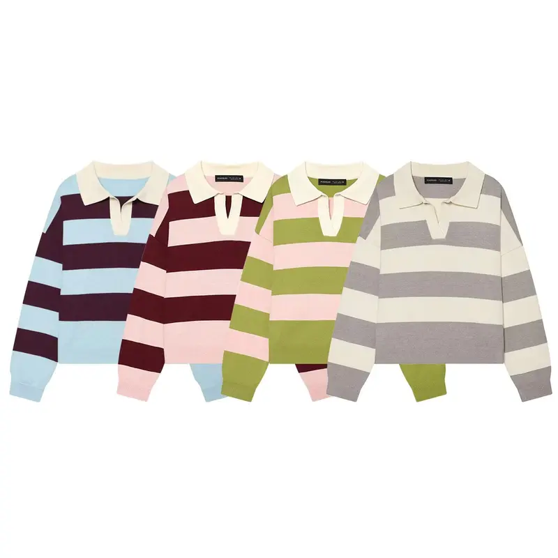 Damen Oversize Rugby-Pullover mit Polokragen und breiten Blockstreifen Drune
