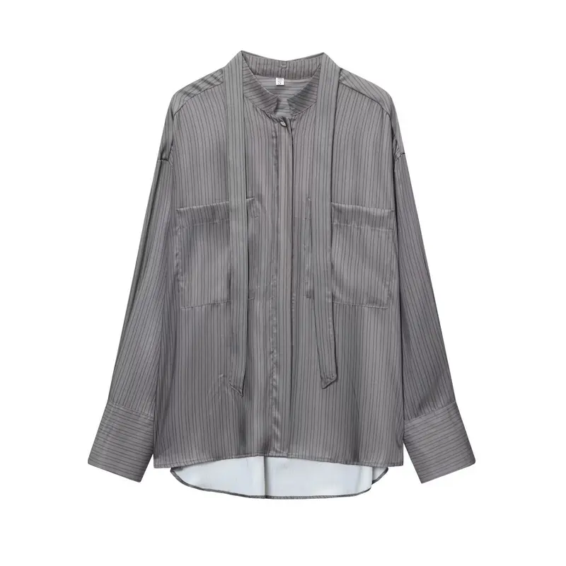 Damen Oversize Seidenähnliche Bluse mit Schluppe und Brusttaschen Drune