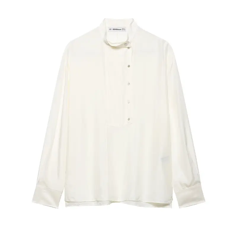 Damen Oversize-Seidenbluse mit Stehkragen und verdeckter Knopfleiste Drune