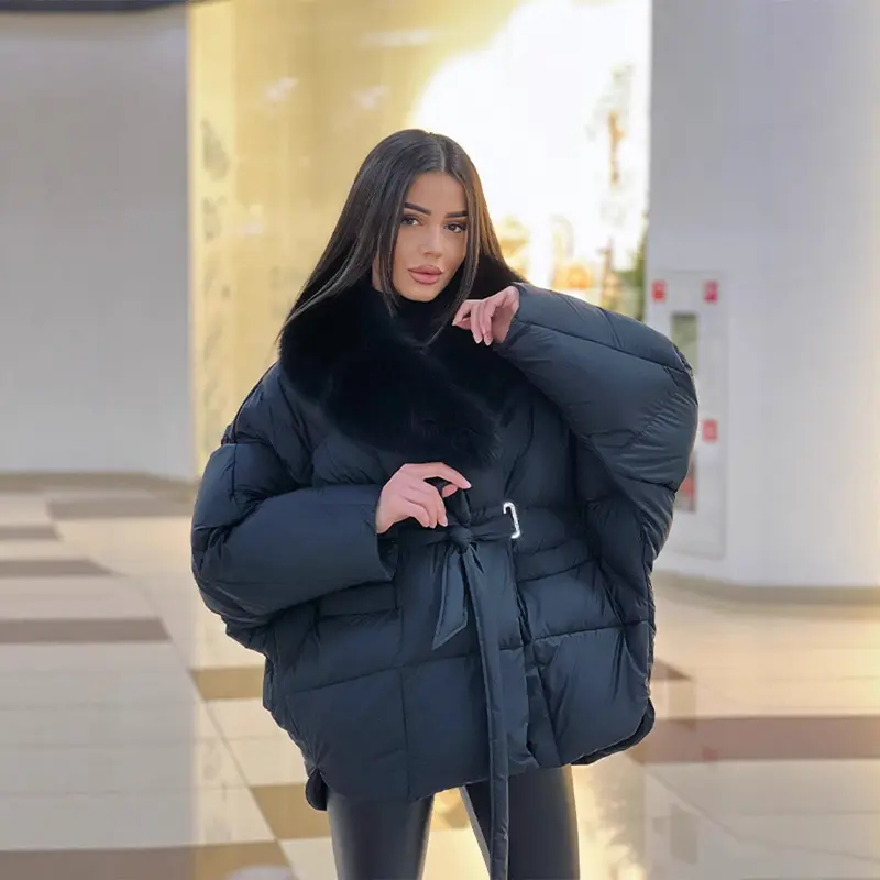 Damen Oversize Steppjacke mit Taillengürtel und Kunstfellkragen Drune