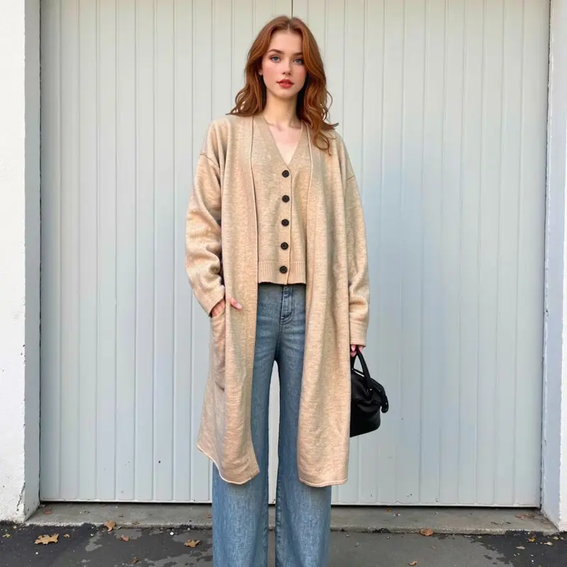 Damen Oversize Strick-Set mit Longcardigan, Knopf-Weste und weiten Hosen Drune