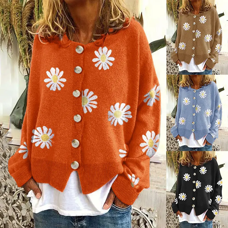 Damen Oversize Strickcardigan mit Knopfleiste und Gänseblümchen-Print Drune