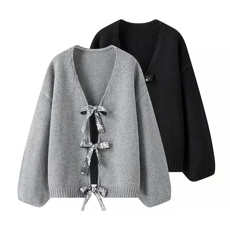 Damen Oversize-Strickcardigan mit V‑Ausschnitt und Pailletten‑Schleifen Drune