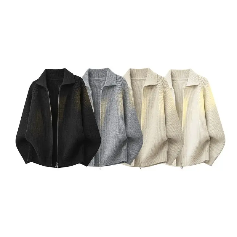 Damen Oversize-Strickjacke mit durchgehendem Reißverschluss, gerippter Struktur & Stehkragen Drune