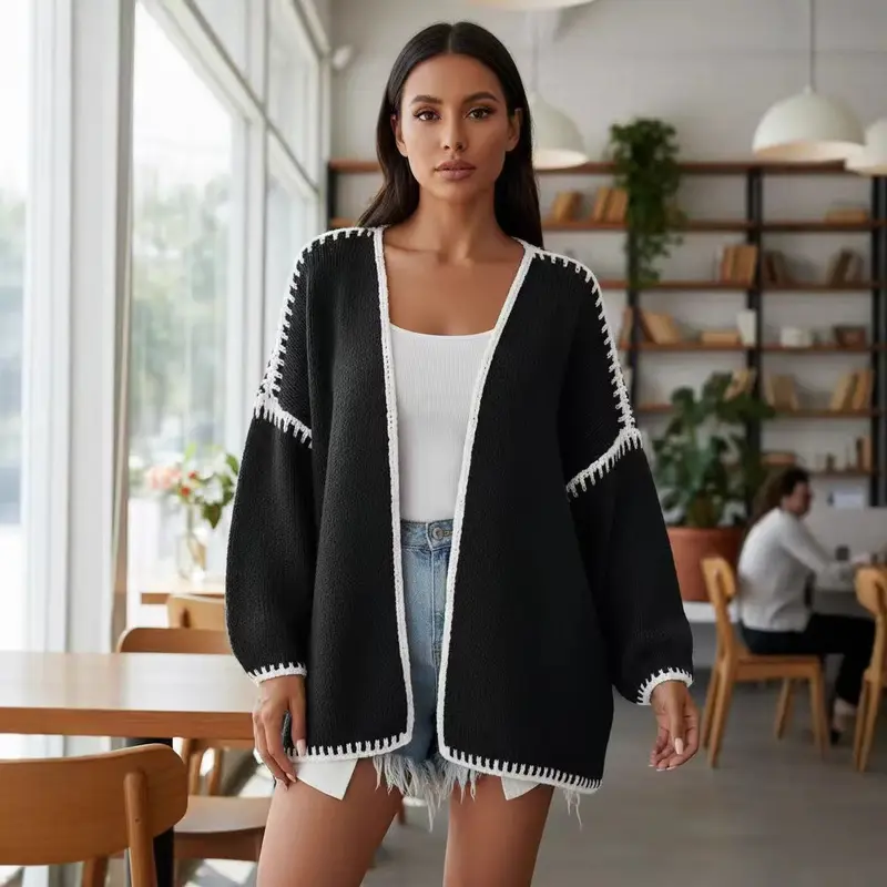 Damen Oversize-Strickjacke mit kontrastierender Häkelkante und überschnittener Schulter Drune