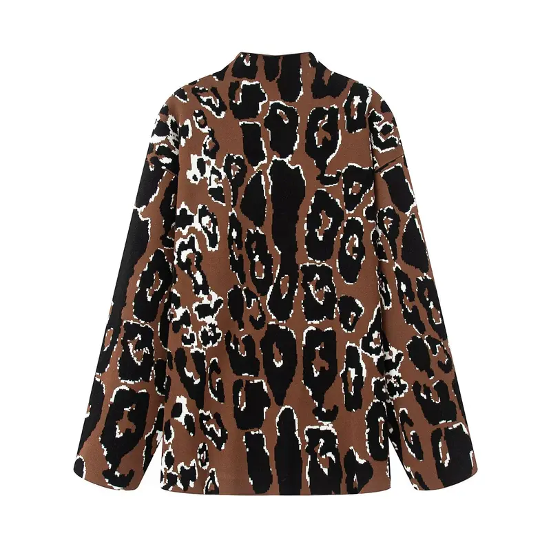 Damen Oversize Strickjacke mit Leoparden‑Jacquard, Stehkragen und kastiger Silhouette Drune
