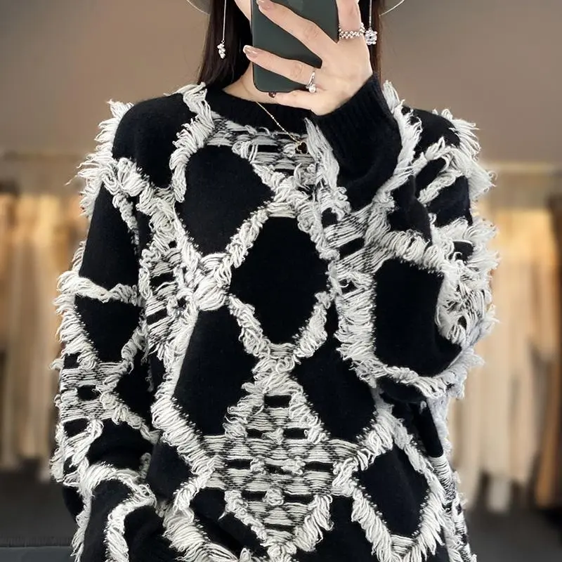 Damen Oversize-Strickpullover mit Fransen‑Diamantmuster und weicher Mohair‑Optik Drune