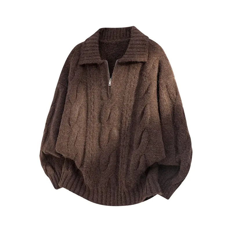 Damen Oversize Strickpullover mit halbem Reißverschluss, Zopfmuster und Ballonärmeln Drune
