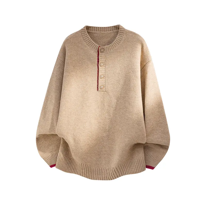 Damen Oversize Strickpullover mit Henley-Knopfleiste und kontrastierten Bündchen Drune